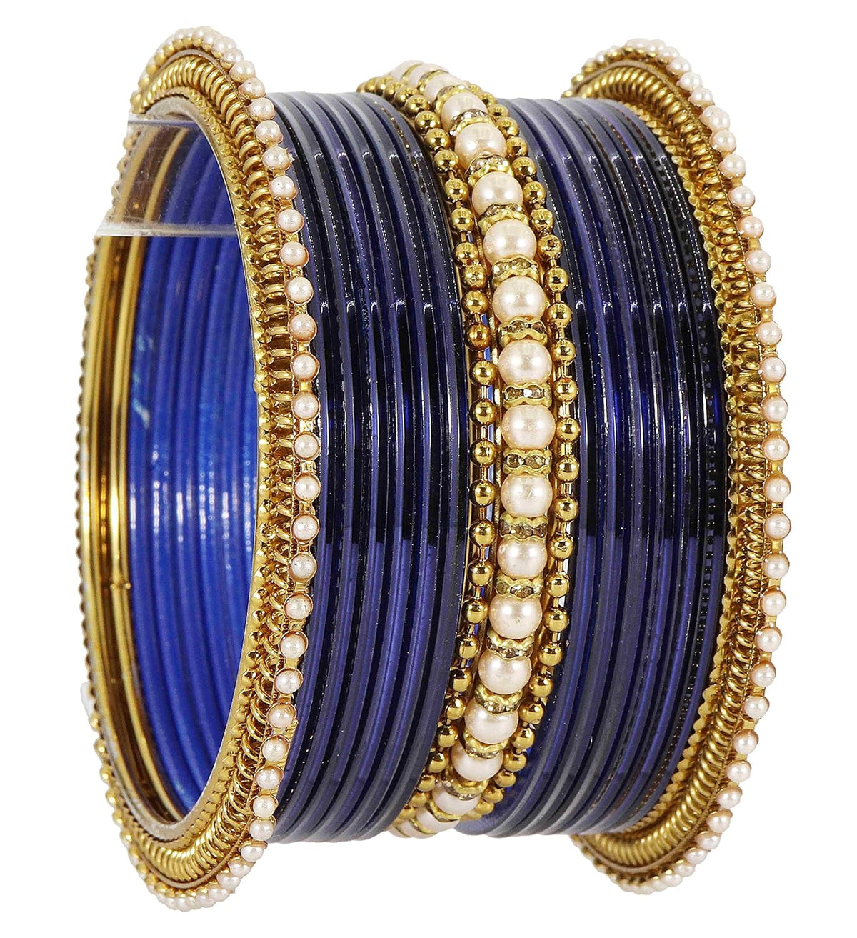 NMII Non-Precious Metal Base Metal Studded with Pearl or Zircon Gemstone and Linked with Ball Chain Glossy Finished Bangle Set For Women and Girls