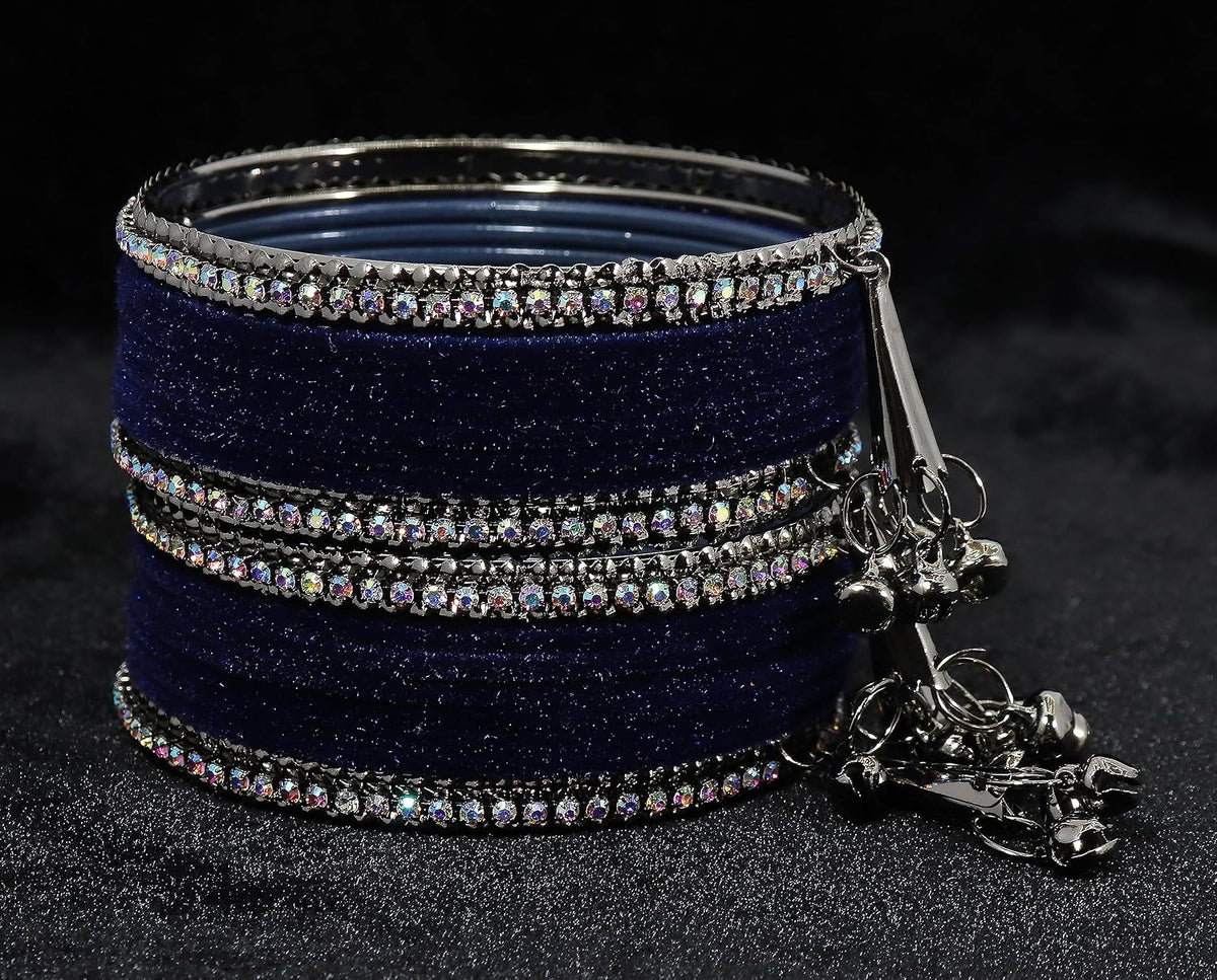 NMII Metal with Zircon Gemstone and Velvet Adorned Bells Latkan Bangles Set For Girls and Women
