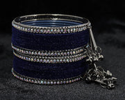 NMII Metal with Zircon Gemstone and Velvet Adorned Bells Latkan Bangles Set For Girls and Women