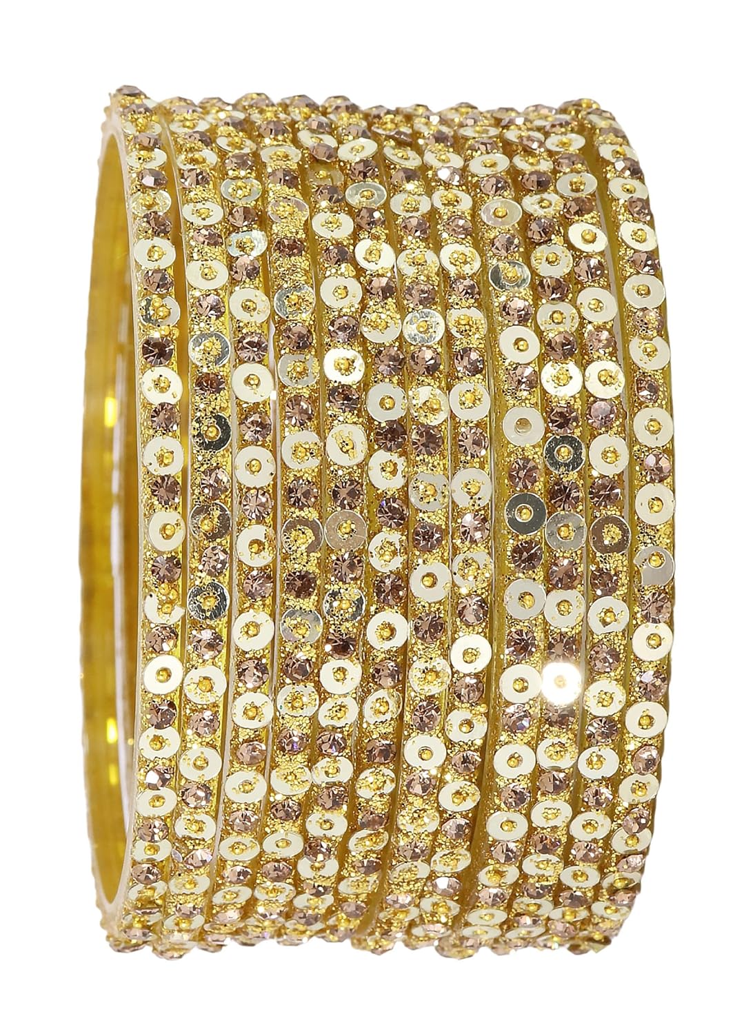 NMII Stylish Glass Bangles Set with Golden Diamond Stone & Sitara Beads Design For Women & Girls | Designer Women's Glass Bangles | Traditional Chudi Set | Girl's Bangles Fashion Jewellery- Set of 12