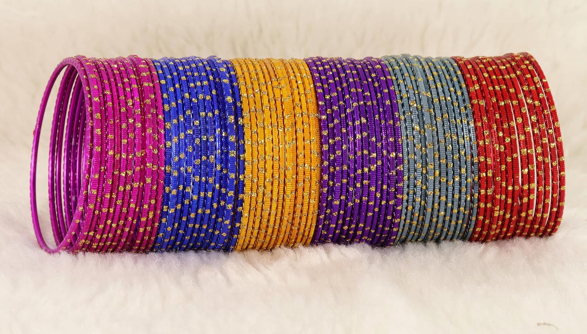 NMII Multicolour Metal Bangles Set with Golden Polka Dots & Cutting Design For Women & Girls | Women's Bangles Combo | Traditional Design Golden Bangles | Chudi Set- Pack of 144 Bangle