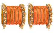 NMII Metal with Base Metal and Studded with Zircon Gemstone and Pearl linked Latkan Pattern Chuda set for Women/Girls