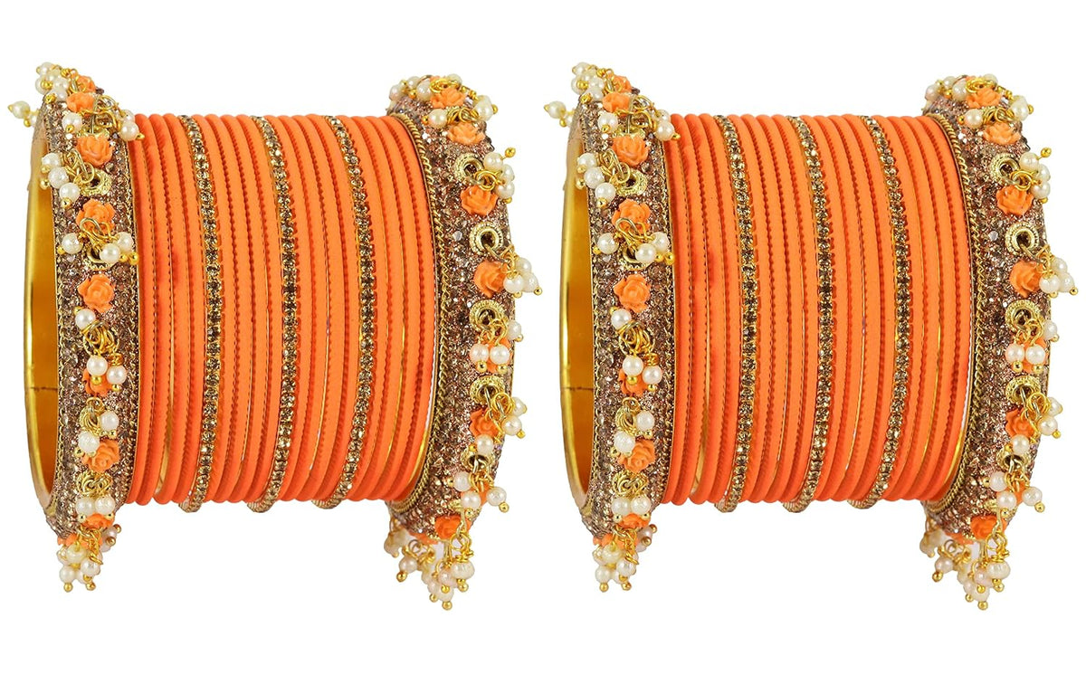 NMII Metal with Base Metal and Studded with Zircon Gemstone and Pearl linked Latkan Pattern Chuda set for Women/Girls