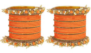 NMII Metal with Base Metal and Studded with Zircon Gemstone and Pearl linked Latkan Pattern Chuda set for Women/Girls