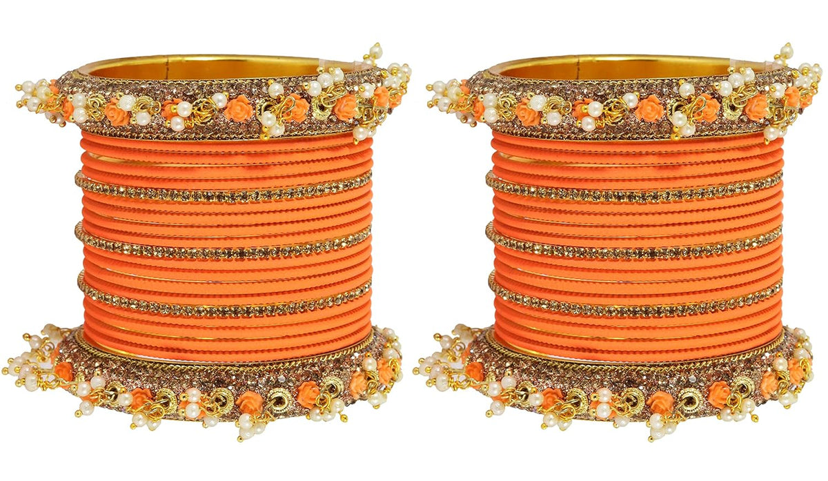 NMII Metal with Base Metal and Studded with Zircon Gemstone and Pearl linked Latkan Pattern Chuda set for Women/Girls
