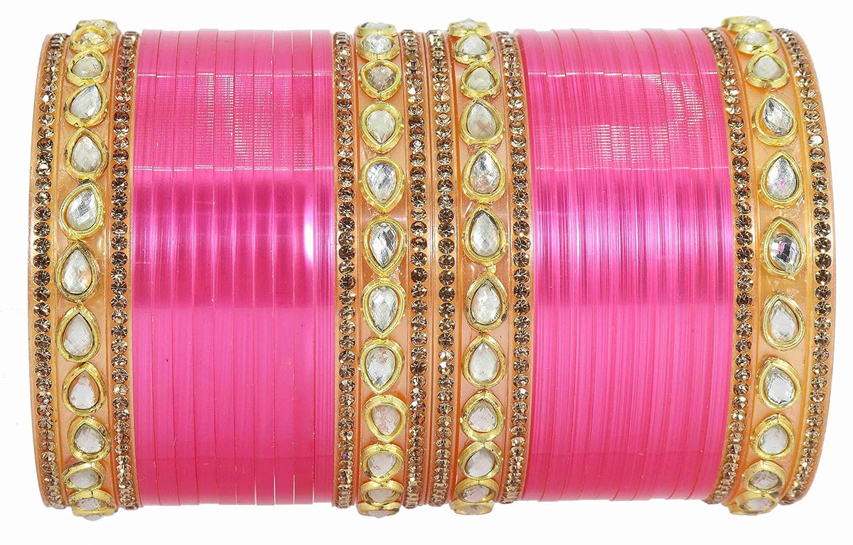 NMII Acrylic (Plastic) with Oval Beads Or Zircon Gemstone Studded Worked Glossy Finished Short Chuda Set for Women and Girls