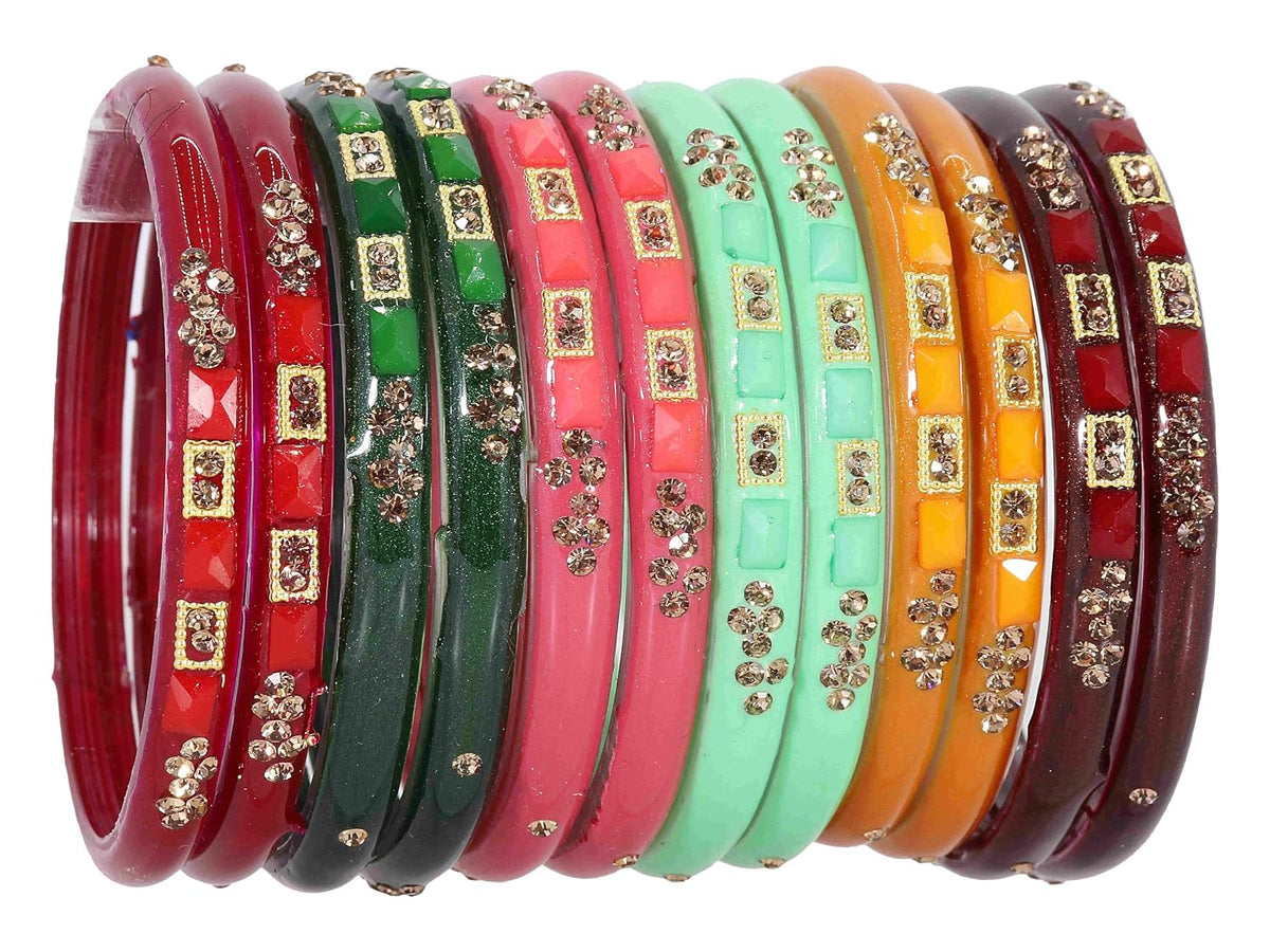 NMII MultiColour Glass Kada Set For Women & Girls with Golden Zircon Stone & Beads | Bangles For Women Glass | Kada For Women | Colourful Bangles for Women | Glass Bangles Combo- Set of 24