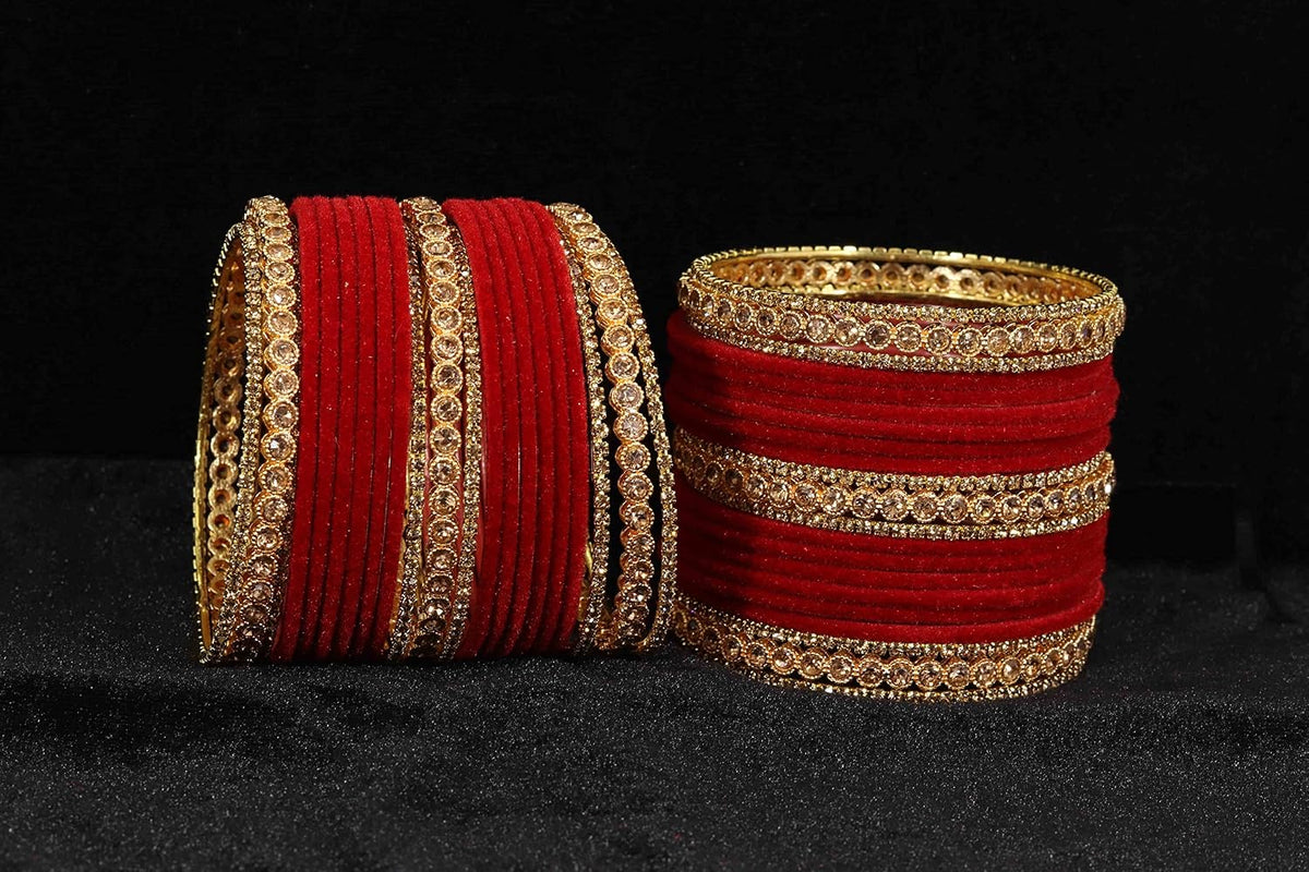 NMII Non-Precious Metal with Base Metal Zircon Gemstone Studded Glossy Finished Traditional Velvet Bangle set for Women and Girls