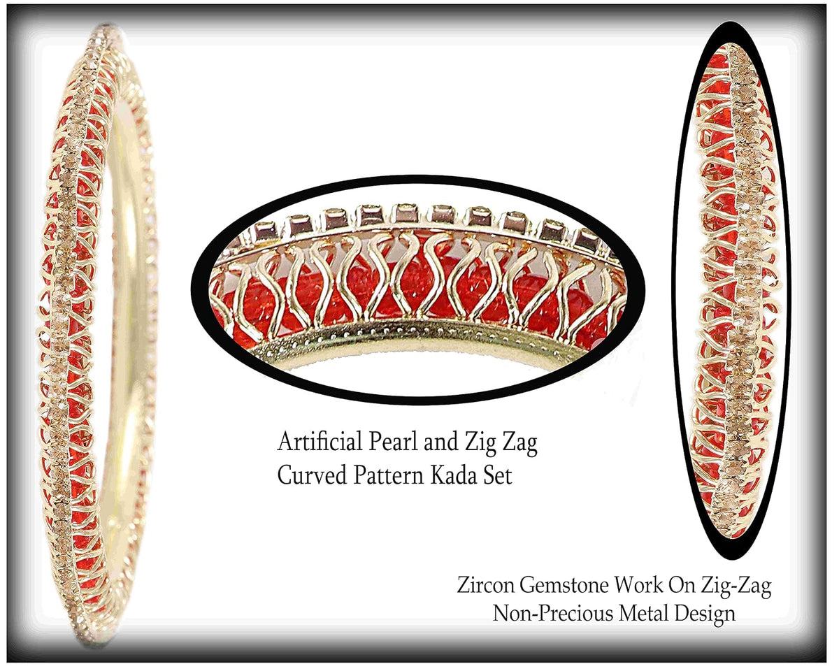 NMII Latest Gold Plated Metal with Zircon Diamond Stone & Pearls Moti Bangles Set For Women & Girls | Traditional Women's Bangles | Designer Fancy Kada For Women | Wedding Bangles- Set of 4