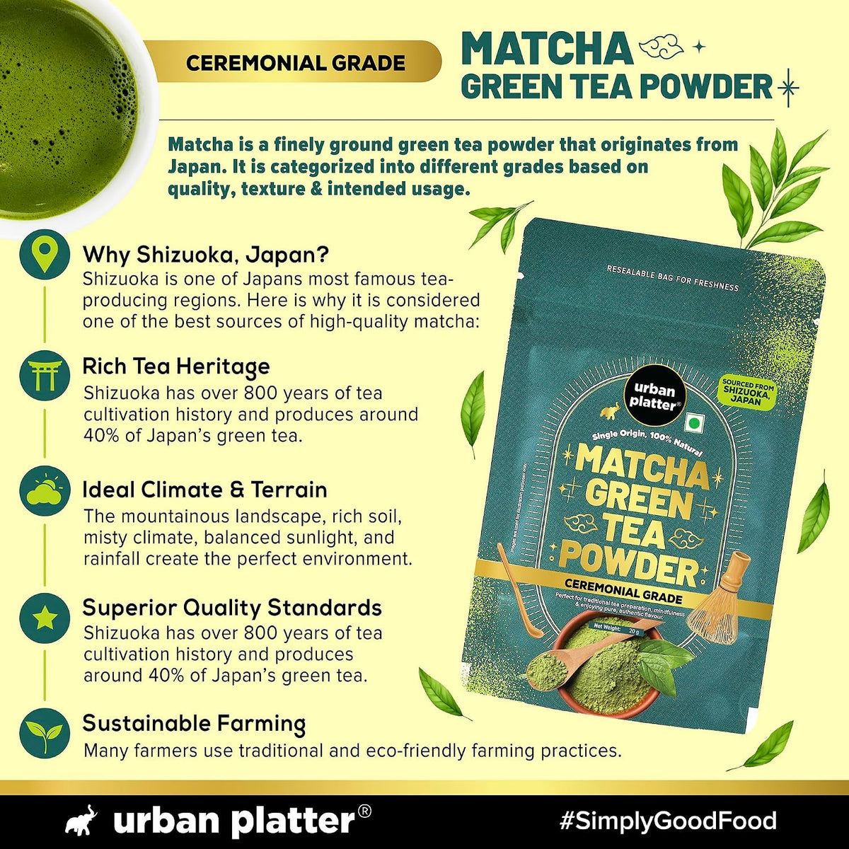 Urban Platter Japanese Ceremonial-Grade Matcha Green Tea Powder, 20g (First-Harvest Leaves | Premium-Grade | Stone-Ground | Antioxidant-Rich)
