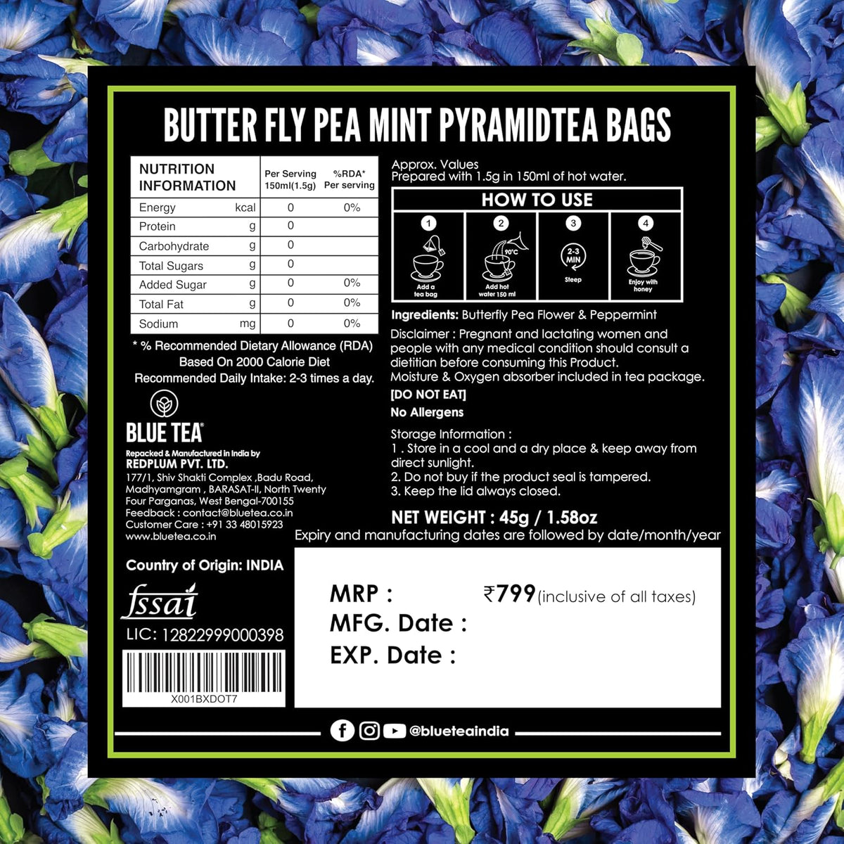 BLUE TEA - Butterfly Pea Mint Tea - 30 Tea Bags | REFRESHING BLEND | Aparajita - Shankhpushpi | Antioxidant - Flower Based - Herbal Tea - Caffeine-Free | Tin Pack