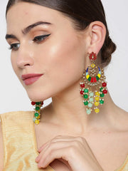 Priyaasi Gold-Plated Stone Studded Multicolor Meenakari Waterfall Earrings In Chandbali Style