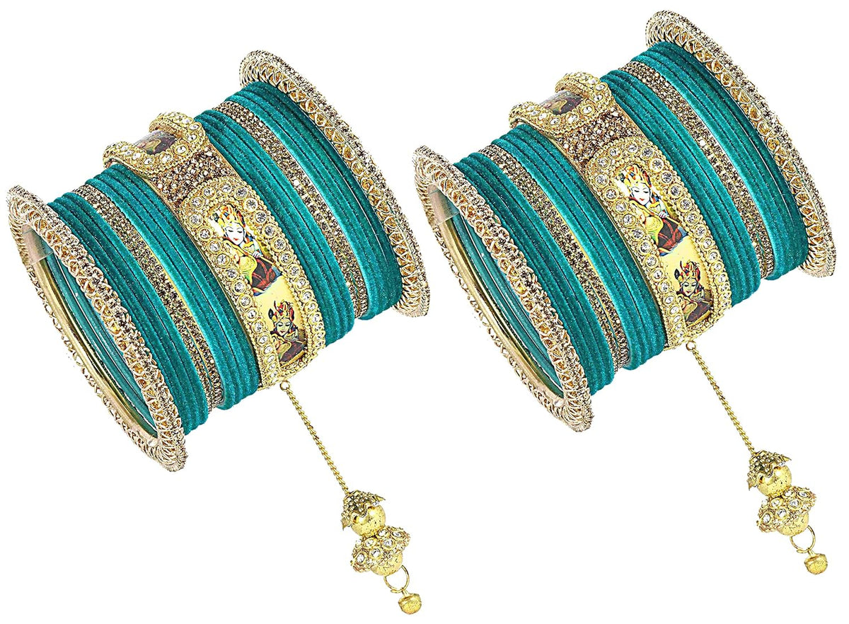 NMII Non-Precious Metal Base Metal With Velvet and Raadha Krishna Printed Design Or Zircon Gemstone Pearls Latkan Bangles Set For Women and Girls