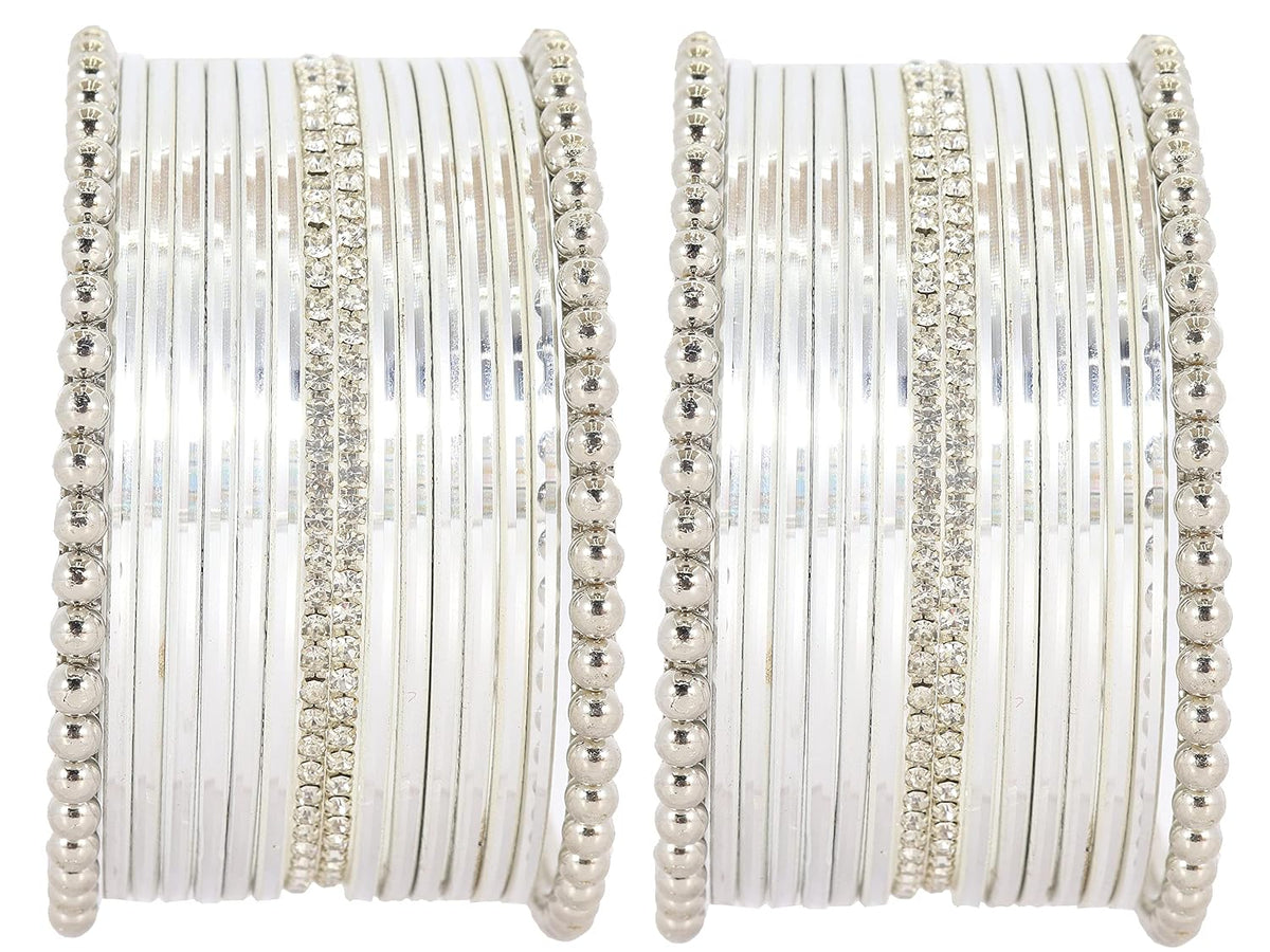 NMII Non-Precious Metal Base Metal Studded with Zircon Gemstone and Ball Chain Linked Glossy Finished Bangle Set For Women and Girls