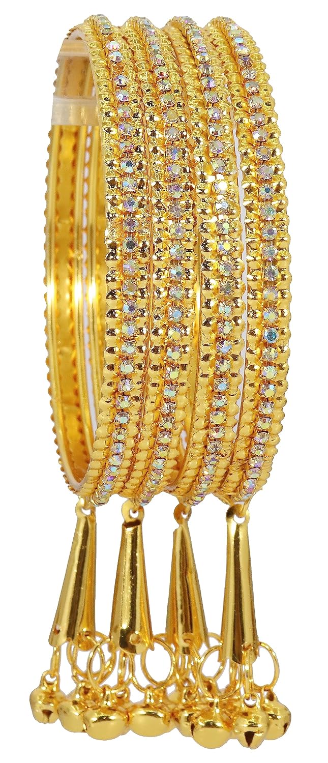 NMII Alloy Metal With Zircon Gemstone and Bells Latkan Linked Traditional Bangles Set For Girls and Women