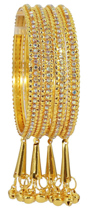 NMII Alloy Metal With Zircon Gemstone and Bells Latkan Linked Traditional Bangles Set For Girls and Women