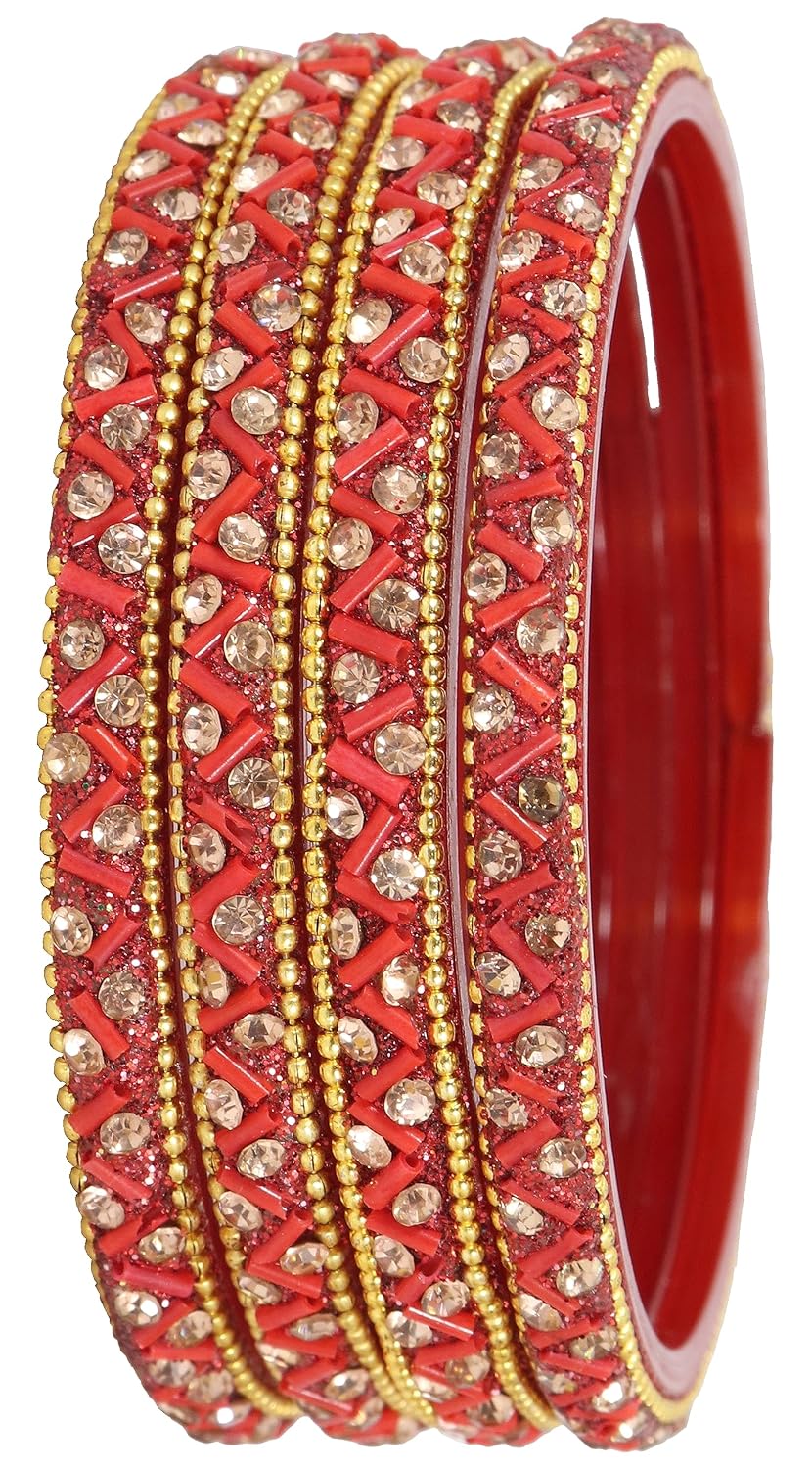 NMII Glass Bangles Set For Girls and Women Studded Zircon Gemstone and Beads I women bangles I (Pack of 8)