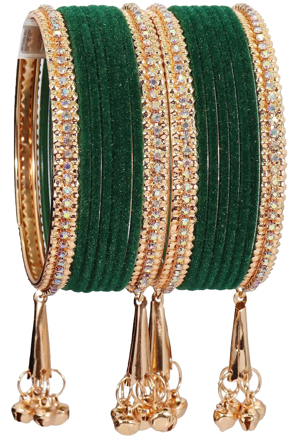 NMII Metal with Zircon Gemstone and Velvet Studded Bells Latkan Bangles Set For Girls and Women I Latkan Bangles, Premium Bangle Bracelet Set I Pack of 16 Bangles