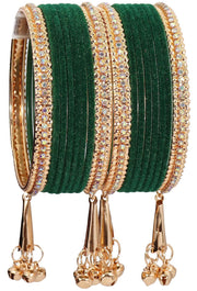 NMII Metal with Zircon Gemstone and Velvet Studded Bells Latkan Bangles Set For Girls and Women I Latkan Bangles, Premium Bangle Bracelet Set I Pack of 16 Bangles