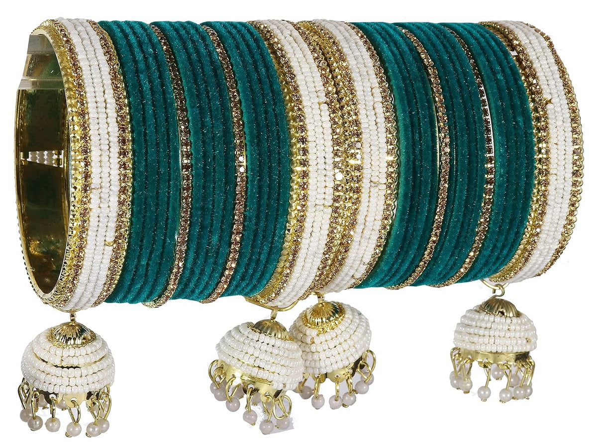 NMII Traditional White Pearls Moti Metal Latkan Bangles Chuda Set For Bridal Women & Girls with Golden Zircon Stone and Velvet | Bangles with Latkan For Wedding | Chura Set For Women Latest- Set of 32