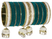 NMII Traditional White Pearls Moti Metal Latkan Bangles Chuda Set For Bridal Women & Girls with Golden Zircon Stone and Velvet | Bangles with Latkan For Wedding | Chura Set For Women Latest- Set of 32
