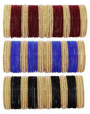 NMII Glass with Premium Velvet, Pearls and Ballchain Studded Fancy Bangles Set For Women's and Girls | Multicolour Stylish Bangles Set- Pack of 144 Bangles