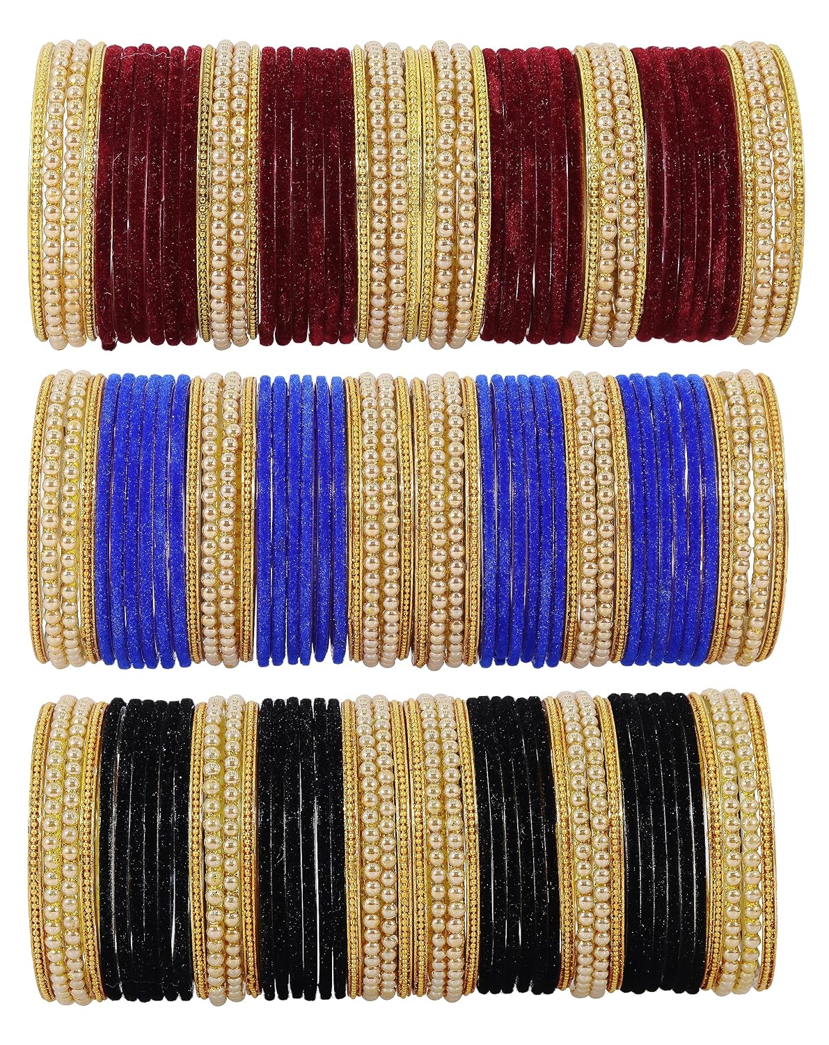 NMII Glass with Premium Velvet, Pearls and Ballchain Studded Fancy Bangles Set For Women's and Girls | Multicolour Stylish Bangles Set- Pack of 144 Bangles