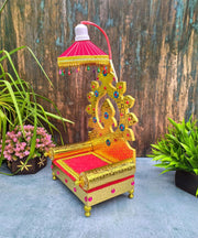 SHINDE EXPORTS Wooden Singhasan Throne with Umbrella/chatra and Light for god laddu Gopal Lord Thakur Pooja (13 inches)