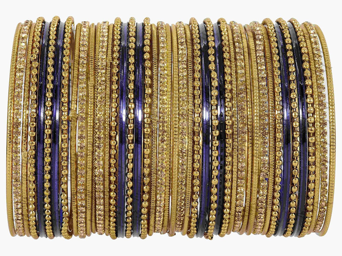 NMII Non-Precious Metal with Base Metal Zircon Gemstone Studded Glossy Finished Ballchain Linked Gold Plated Cutting Pattern Bangle set for Women and Girls