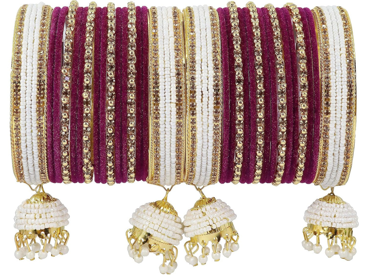 NMII Alloy Metal with Zircon Gemstone, Pearls and Velvet Latkan Golden Bangles Set For Girls and Women