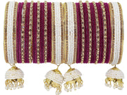 NMII Alloy Metal with Zircon Gemstone, Pearls and Velvet Latkan Golden Bangles Set For Girls and Women