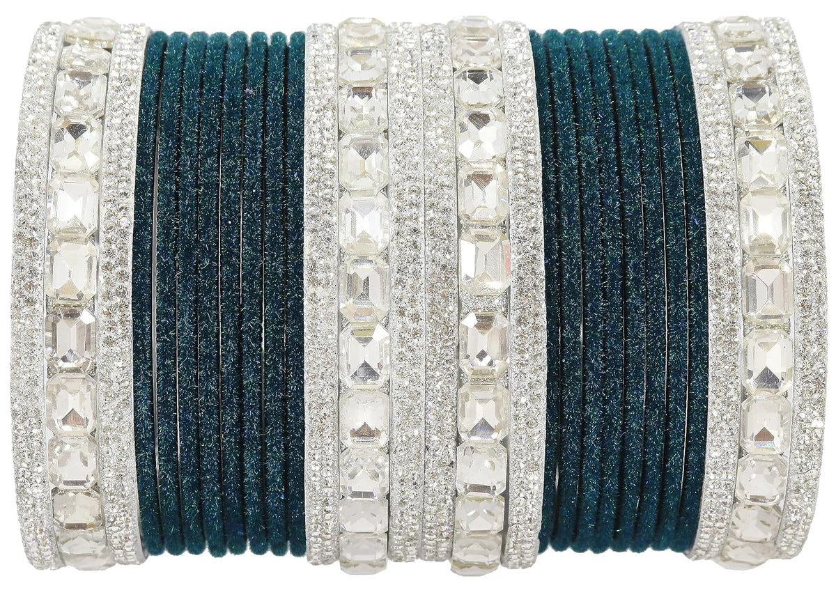 NMII Metal Bangles Set For Women and Girls Studded With Zircon Gemstone and Velvet Bangles I Chuda Bangles I Stylish Bangles Bracelet Set I Metal Bangles (Pack of 28)