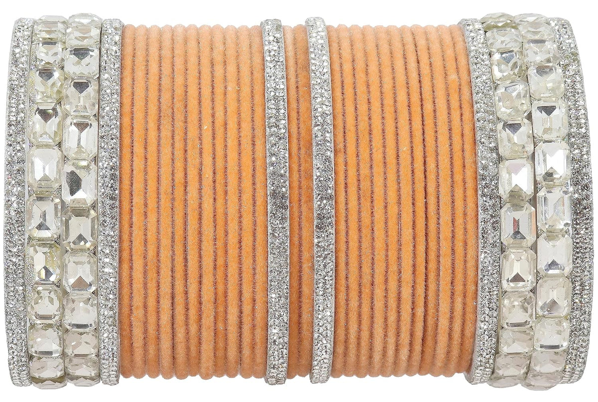 NMII Metal with Zircon Gemstone and Velvet Adorned Bangles Set For Girls and Women I Traditional Bangle Set, Wedding Bangle Set I Pack of 68 Bangles