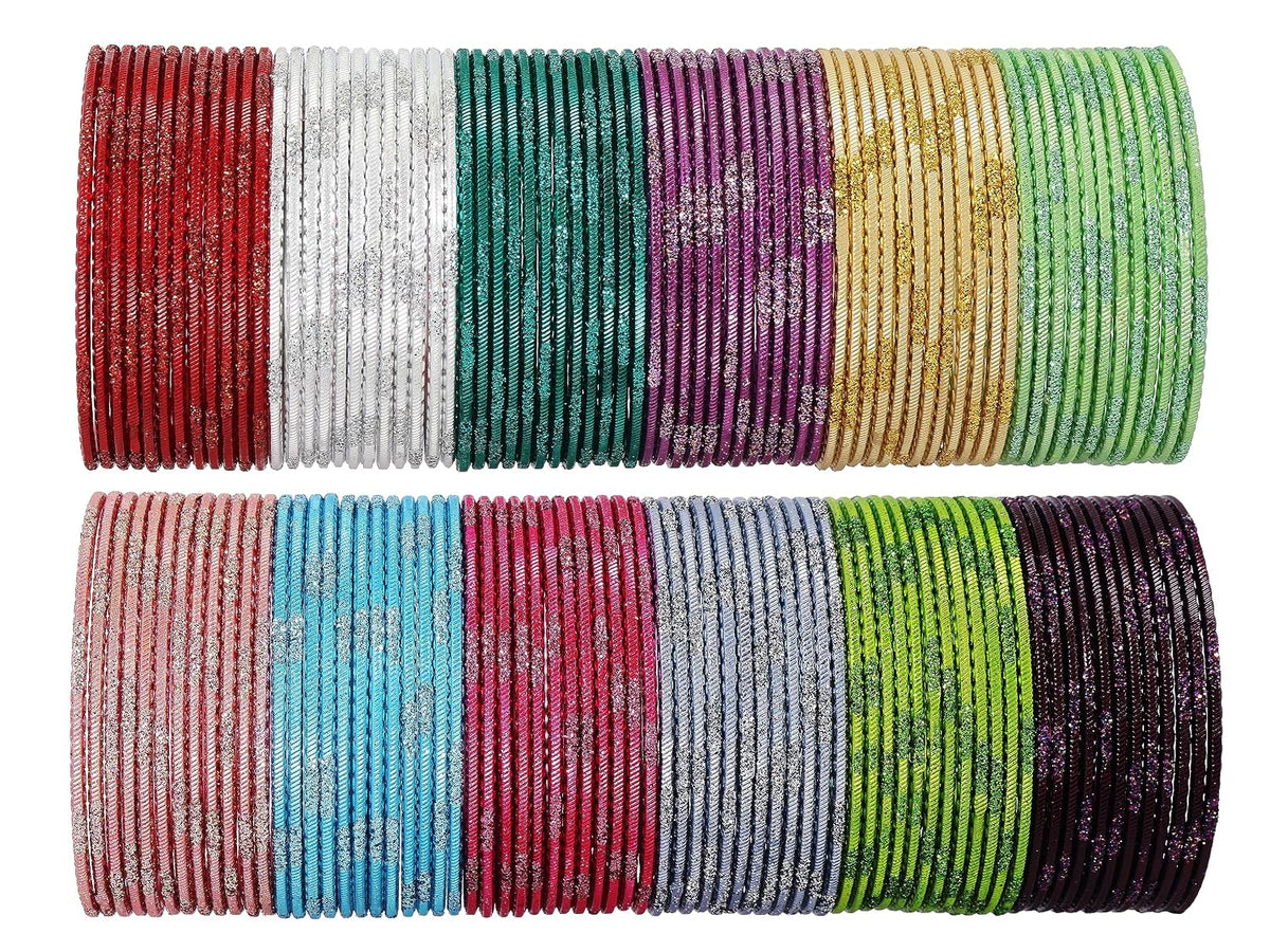 NMII Stylish Multi colour Metal Bangles set for women and Girls with Zari and Cutting Design | Fancy Multicolour Bangles for women | Metal Churi Set- Pack of 144 Bangles