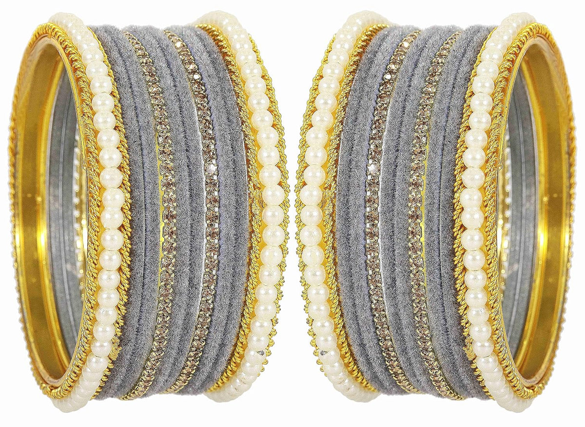 NMII Metal with Zircon Gemstone and Pearls Studded Velvet Bangle Set for Women and Girls