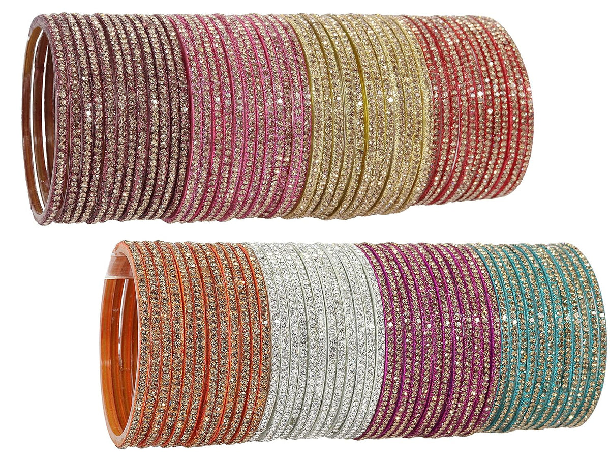 NMII Glass with Zircon Gemstone and Beads Studdded Glossy Finished Traditional Bangle Set For Women and Girls