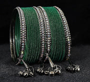 NMII Metal with Zircon Gemstone and Velvet Adorned Bells Latkan Bangles Set For Girls and Women