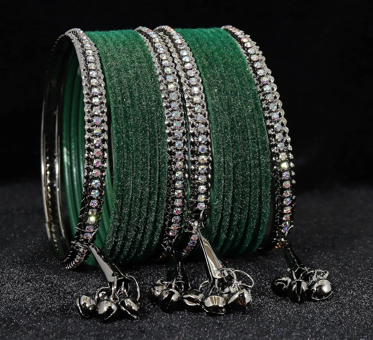 NMII Metal with Zircon Gemstone and Velvet Adorned Bells Latkan Bangles Set For Girls and Women