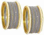 NMII Metal with Zircon Gemstone and Pearls Studded Velvet Bangle Set for Women and Girls