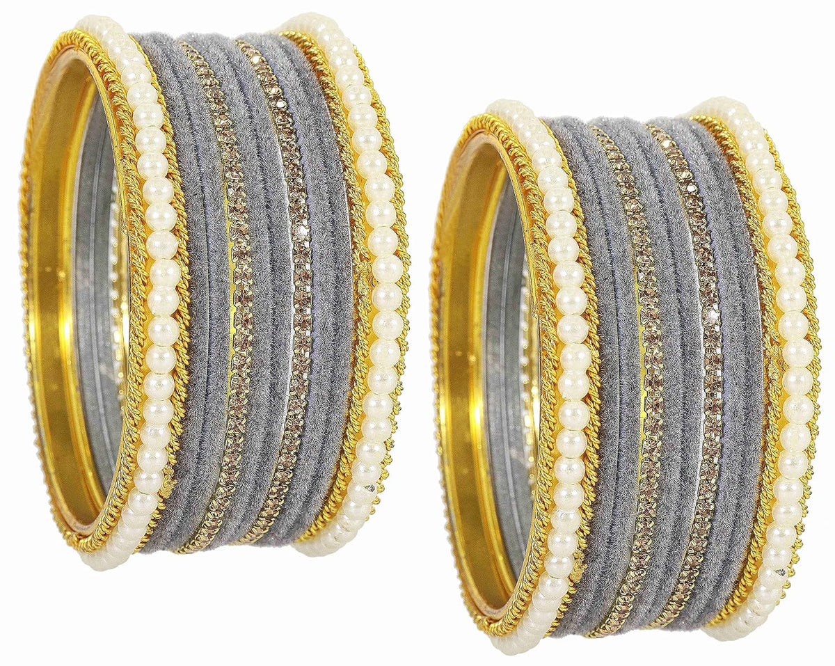 NMII Metal with Zircon Gemstone and Pearls Studded Velvet Bangle Set for Women and Girls