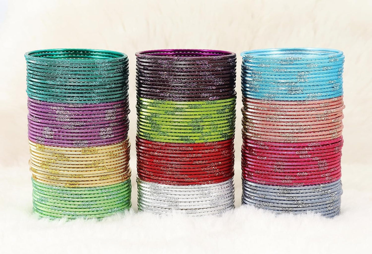 NMII Stylish Multi colour Metal Bangles set for women and Girls with Zari and Cutting Design | Fancy Multicolour Bangles for women | Metal Churi Set- Pack of 144 Bangles