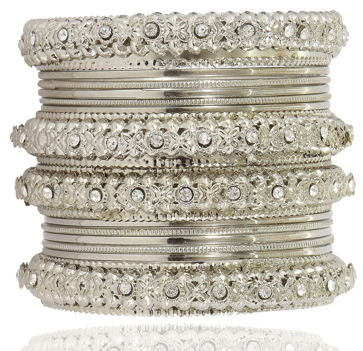 NMII Metal with Zircon Gemstone Studded Glossy Finished Flower Pattern Bangle Set For Women and Girls