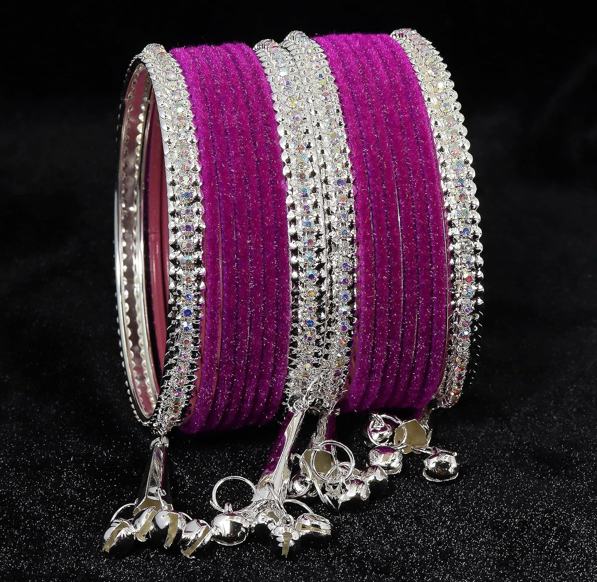 NMII Metal with Zircon Gemstone and Velvet Studded Bells Latkan Bangles Set For Girls and Women I Latkan Bangles, Premium Bangle Bracelet Set I Pack of 16 Bangles