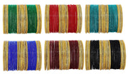 NMII Stylish Multicolour Glass Bangles Set For Women's & Girls Studded Golden Zircon Gemstone, Ballchain and Velvet Bangles | Fancy Glass Bangles Set- Pack of 144 Bangles