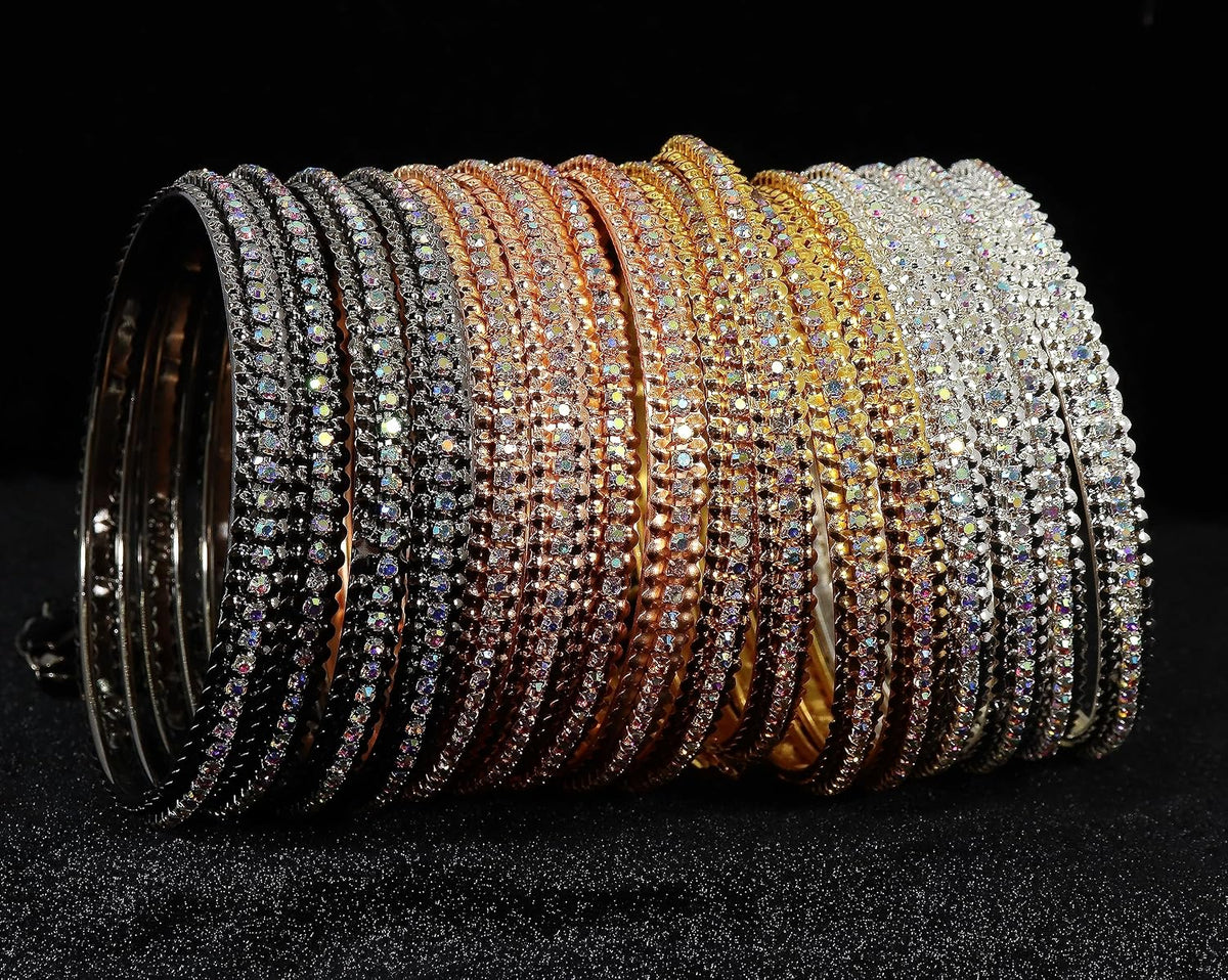 NMII Alloy Metal With Zircon Gemstone and Bells Latkan Linked Traditional Bangles Set For Girls and Women