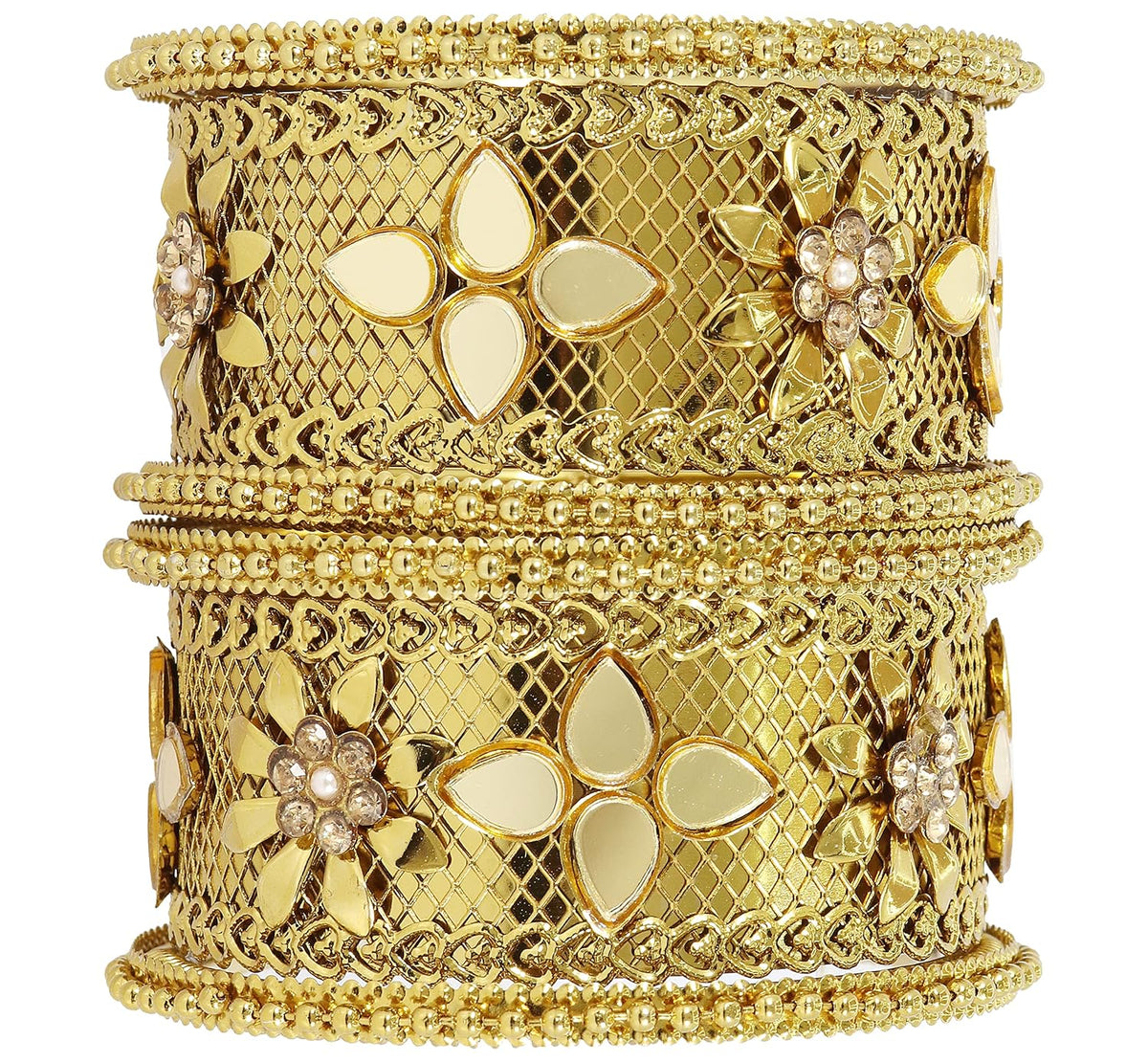 NMII Non-Precious Metal Studded with Mirror or Zircon Gemstone and Linked with Ball Chain Glossy Finished Heart Shaped Kada Bangle Set For Women and Girls