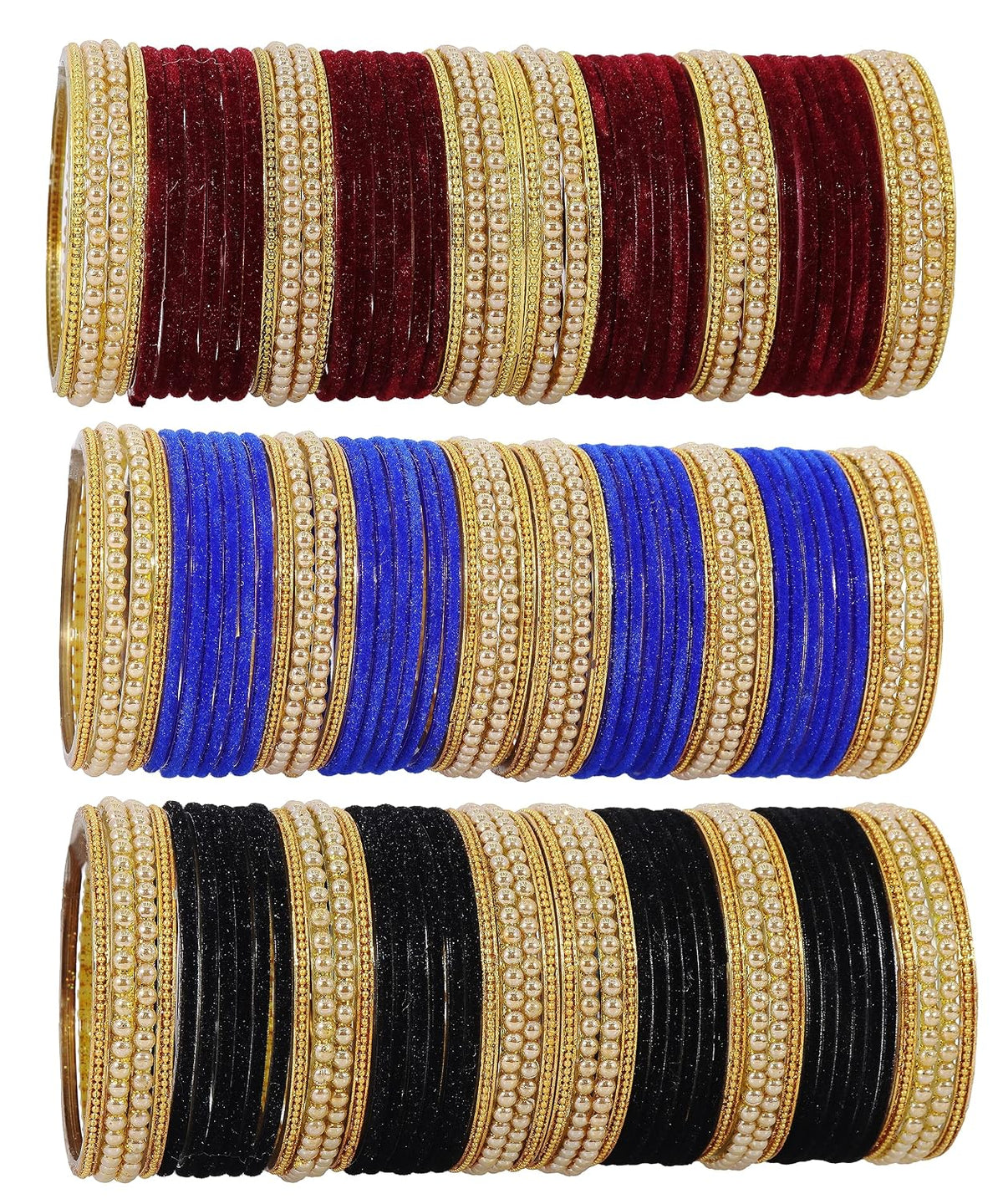 NMII Glass with Premium Velvet, Pearls and Ballchain Studded Fancy Bangles Set For Women's and Girls | Multicolour Stylish Bangles Set- Pack of 144 Bangles