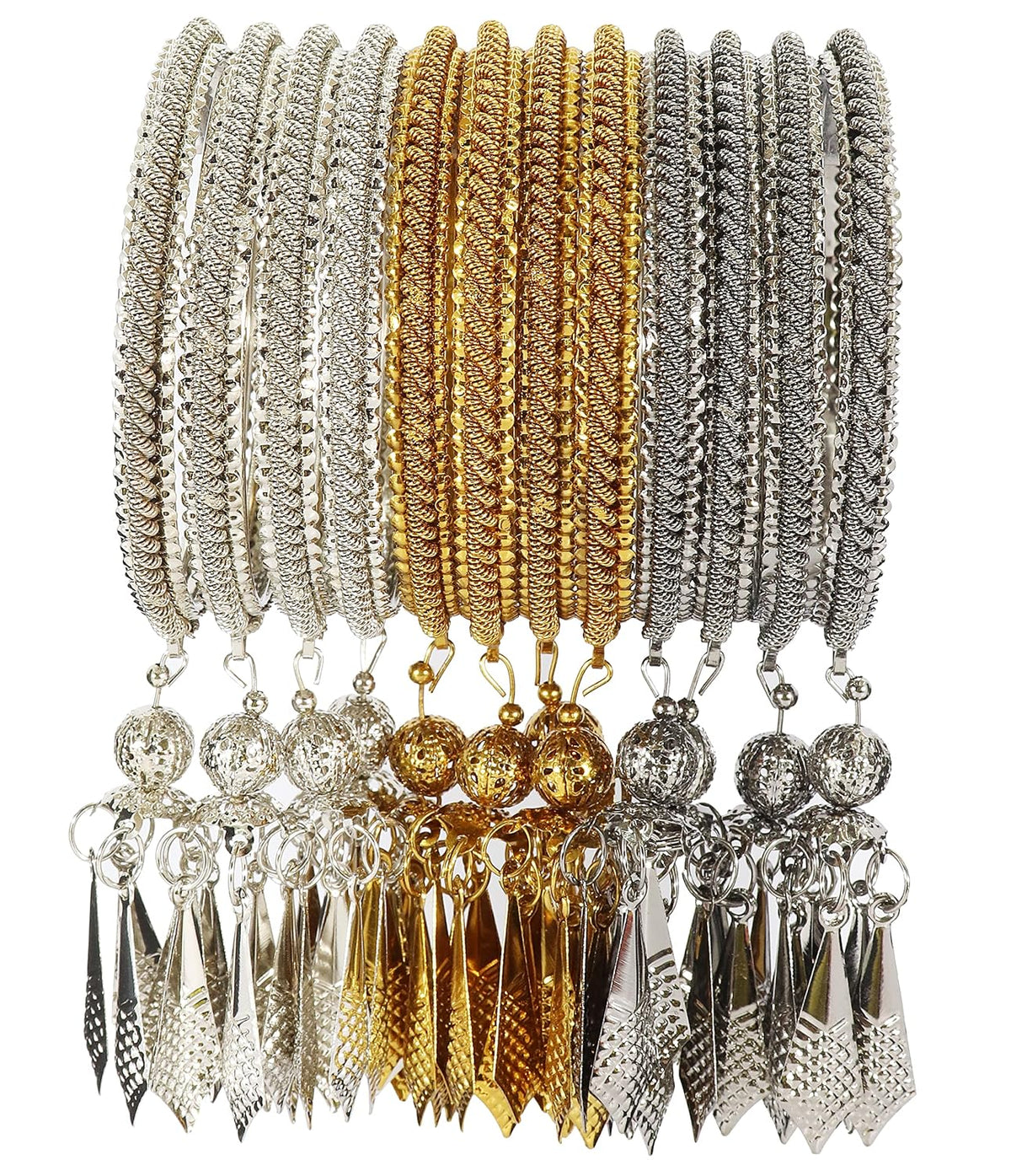 NMII Non-Precious Metal With Base Metal Springs Built Design and Latkan Linked Kaleere Type Kada Set For Women and Girls