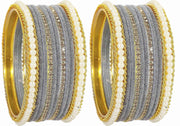 NMII Metal with Zircon Gemstone and Pearls Studded Velvet Bangle Set for Women and Girls