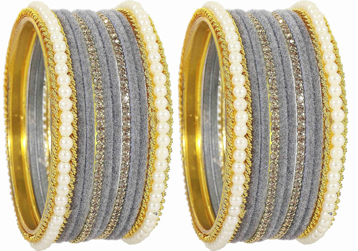 NMII Metal with Zircon Gemstone and Pearls Studded Velvet Bangle Set for Women and Girls